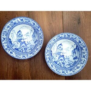 Chinoiserie 2 pc Asian Blue and White Scenic Mountain Landscape Bowls 7-1/2”
